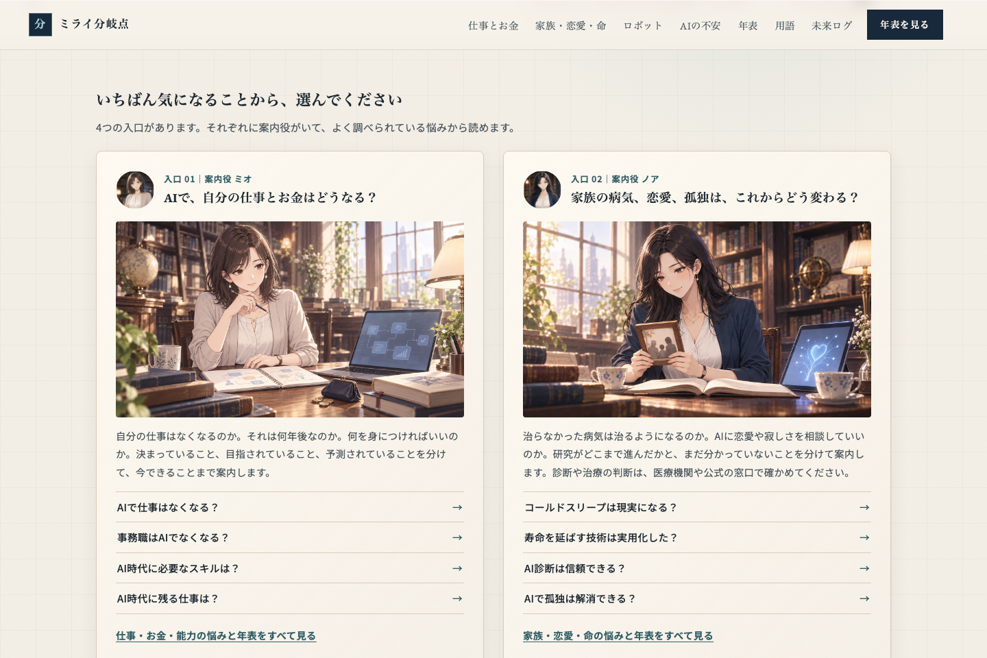 仕事と家族の案内カードに、テーマを描いたサムネイルを加えたMiraiの制作画面