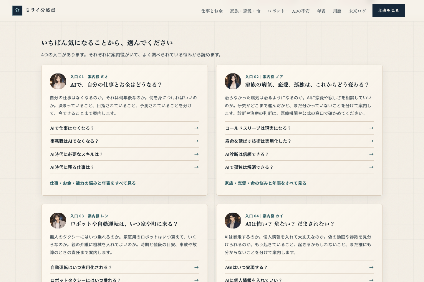 追加前。見出しと説明文、記事へのリンクが並ぶMiraiの案内カード