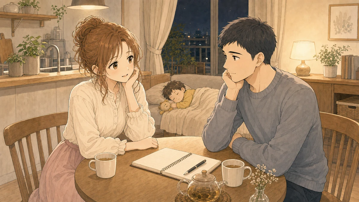 kosodateで採用した修正画像。室内で向かい合う大人と、中央奥で眠る子ども